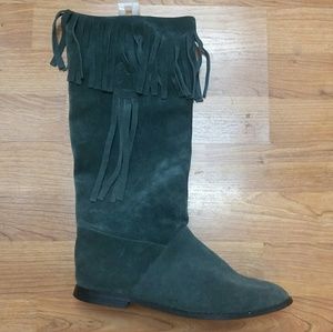 VINTAGE Teal Green Suede Boho Fringe Boots -  8